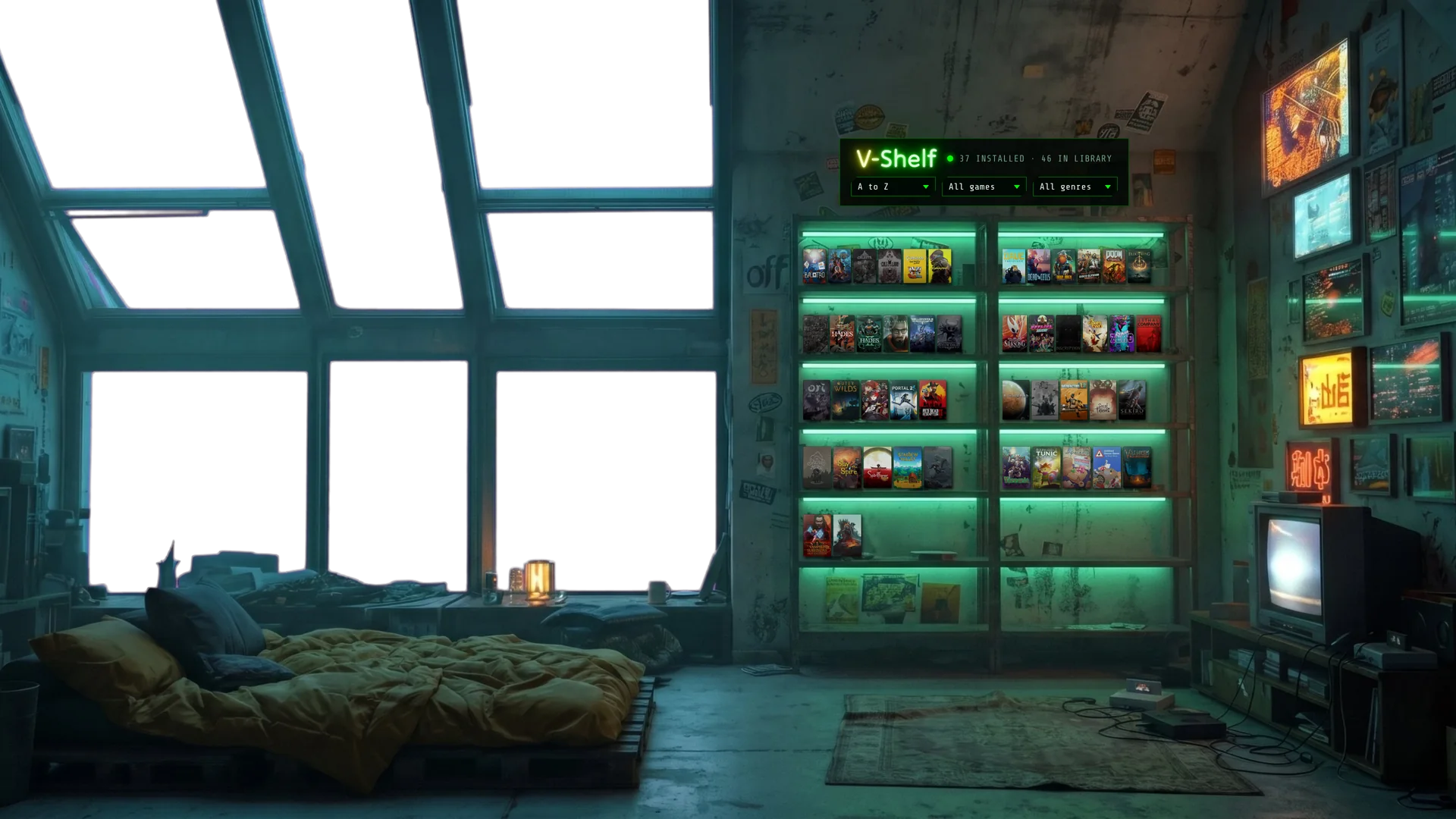V-Shelf in the Cyberpunk Bedroom: a neon city through a big window and a metal shelf of game cases lit in green.