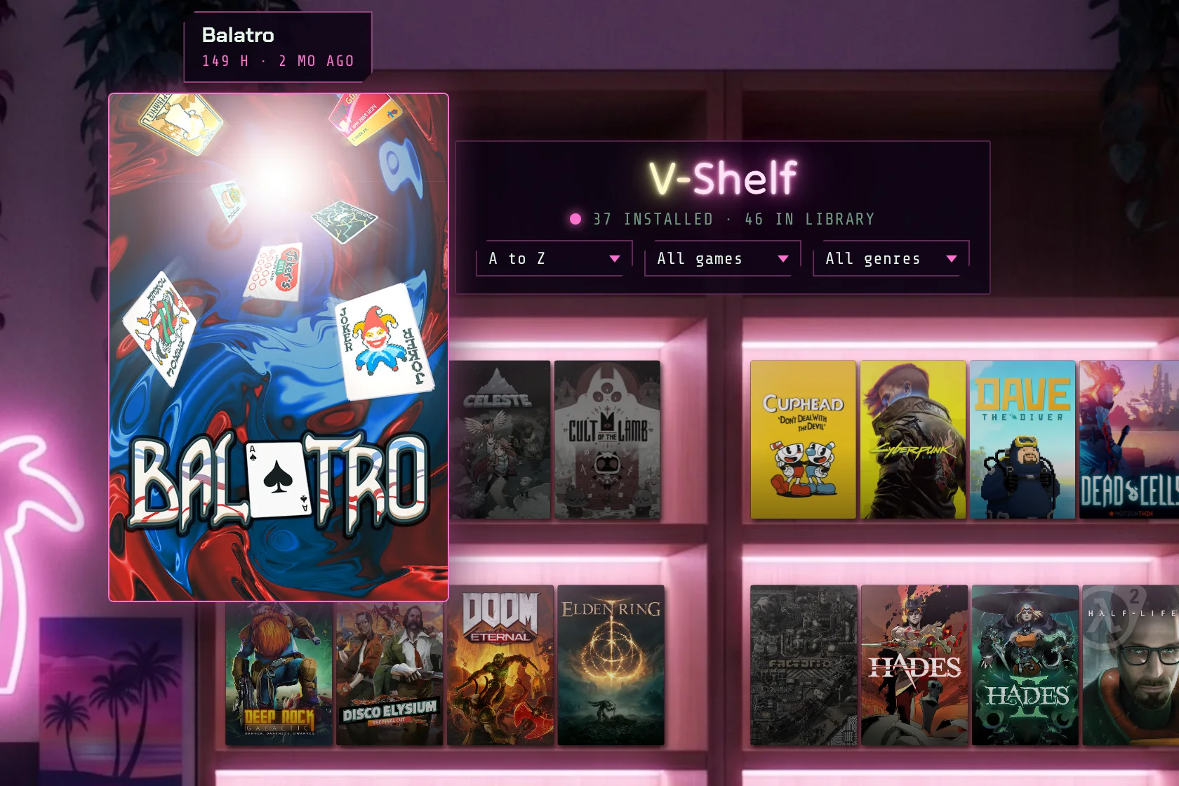 Hovering a game case on the shelf shows a large preview with its playtime and when it was last played.