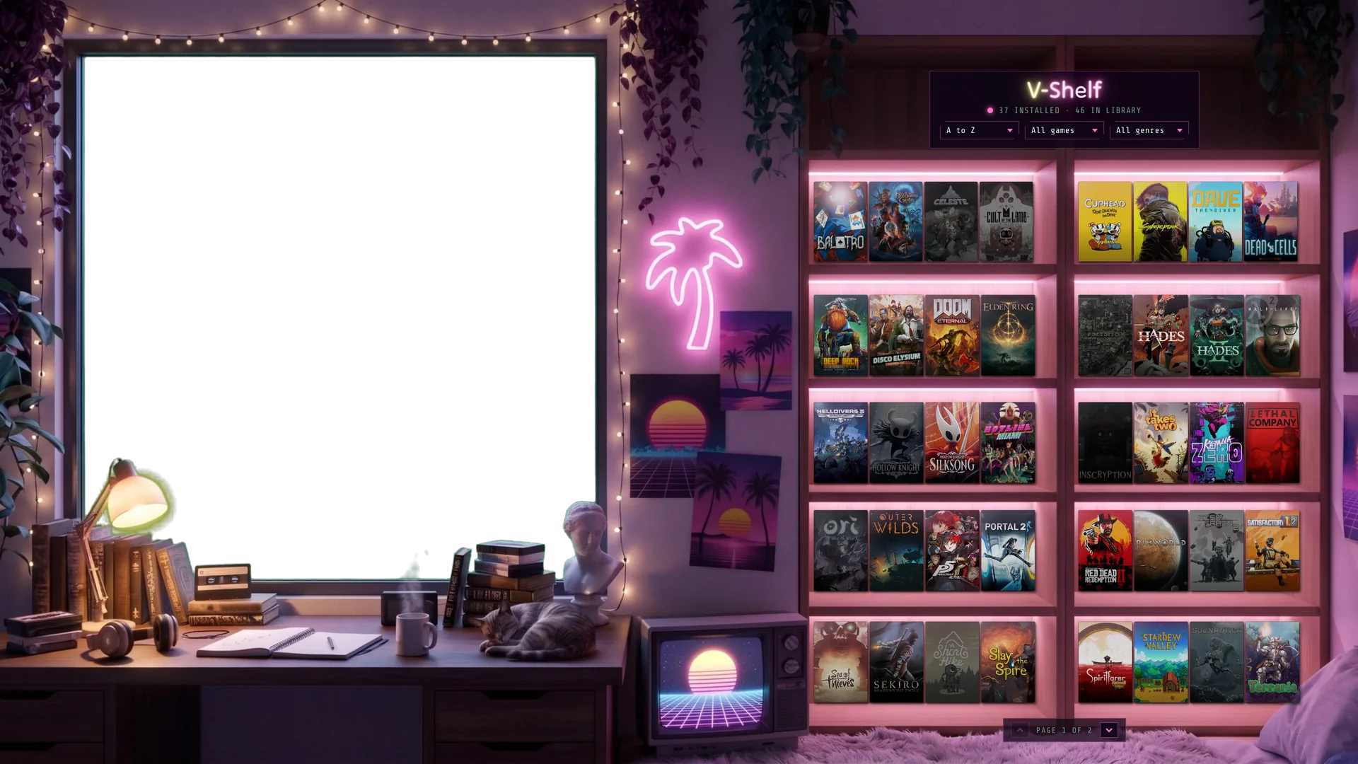 V-Shelf in the Lofi Apartment: the same neon city through a window above a cozy desk, and a pink-lit wooden bookshelf full of game cases.